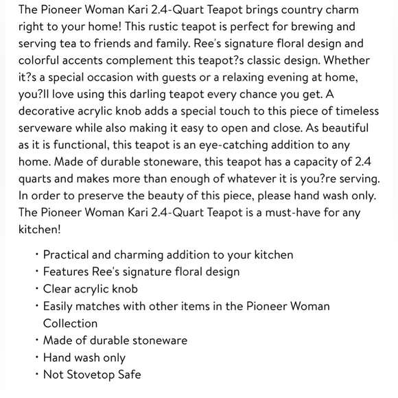 LIKE NEW Retired Pioneer Woman “Kari” 2.4-qt. Teapot - Picture 9 of 9